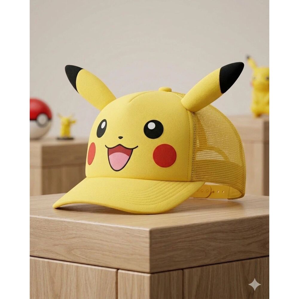 Pokemon Pikachu Yellow Snapback Hat Cap Ears Nintendo Game 3D Mesh Back Trucker